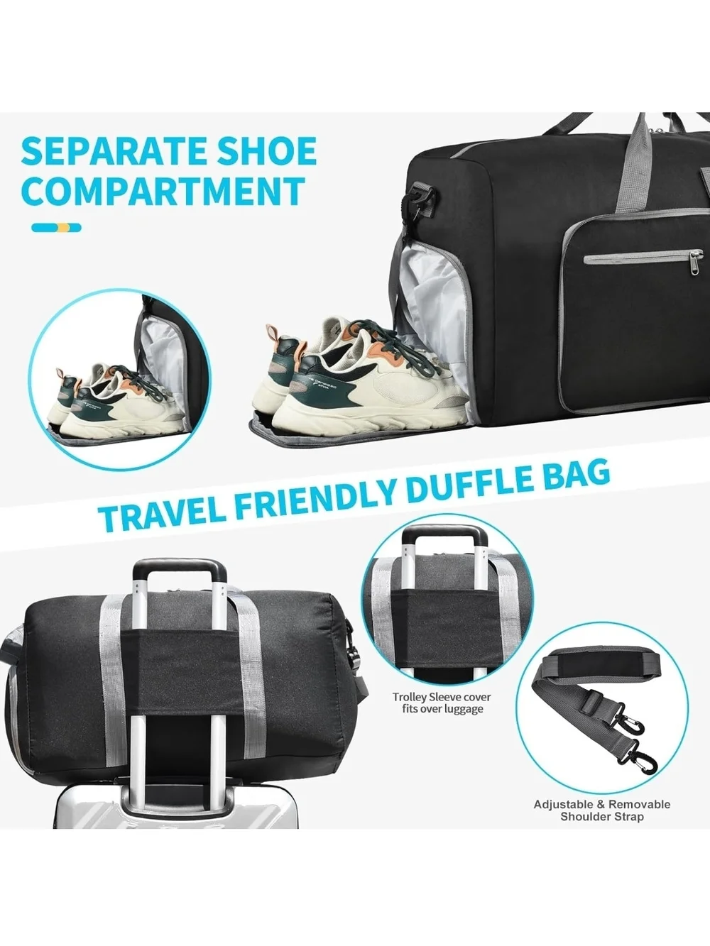 Black Travel Duffel Bag with Removable Pouch